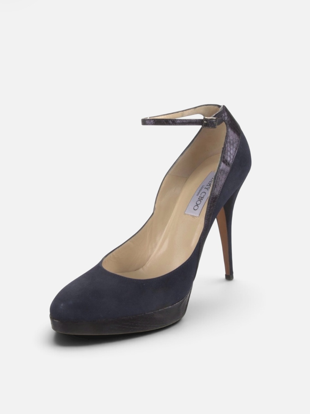 Jimmy Choo Navy Suede and Snake Pointed-Toe Ankle Strap Heels EU 39 US 9